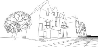 Modern bir ev çizimi. 3D görüntüleme.