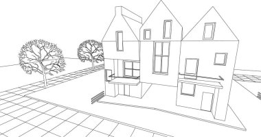 Modern bir ev çizimi. 3D görüntüleme.