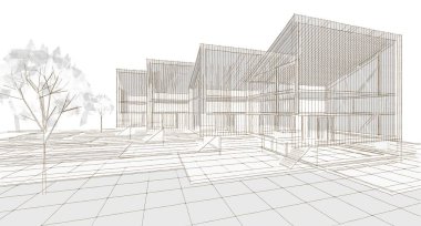 Modern bir ev çizimi. 3D görüntüleme.