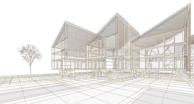 Modern bir ev çizimi. 3D görüntüleme.