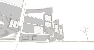 Modern bir ev çizimi. 3D görüntüleme.