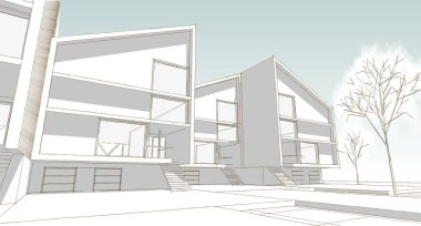 Modern bir ev çizimi. 3D görüntüleme.
