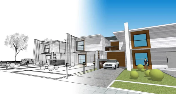 Modern Architecture Modular House Rendering — Stock Photo, Image
