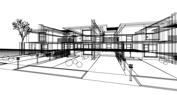 现代建筑模块化房屋3D渲染 — 图库照片