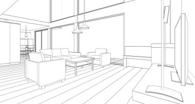 ev içi mutfak oturma odası 3D görüntü