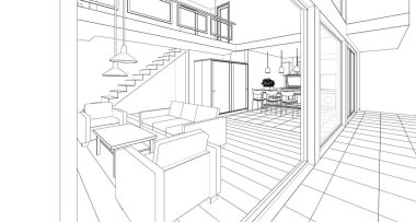 ev içi mutfak oturma odası 3D görüntü