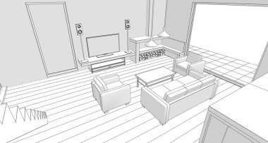 ev içi mutfak oturma odası 3D görüntü