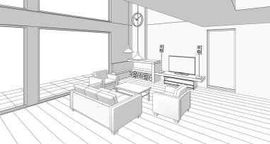 ev içi mutfak oturma odası 3D görüntü