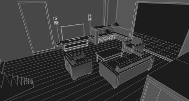 ev içi mutfak oturma odası 3D görüntü