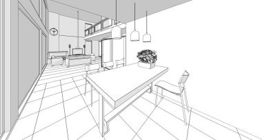 ev içi mutfak oturma odası 3D görüntü