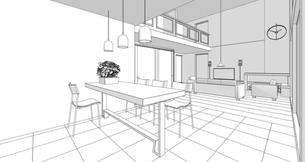 房屋内部厨房客厅3D插图 — 图库照片