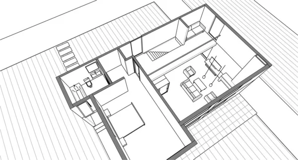 現代の家の計画3Dイラスト — ストックベクタ