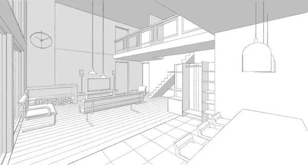 Haus Loft Innenausstattung Rendering — Stockfoto