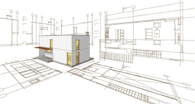 Modern ev mimari projesi çizimi 3D illüstrasyon