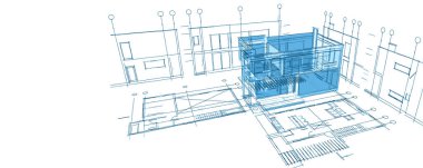 Modern ev mimari projesi çizimi 3D illüstrasyon
