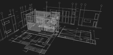 Modern ev mimari projesi çizimi 3D illüstrasyon