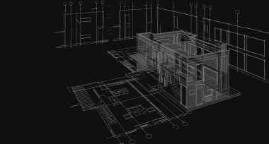 Modern ev mimari projesi çizimi 3D illüstrasyon