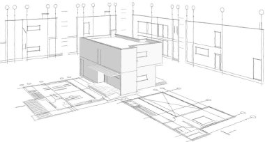 Modern ev mimari projesi çizimi 3D illüstrasyon