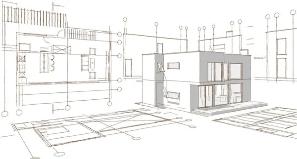 Nowoczesny Dom Projekt Architektoniczny Szkic Ilustracja — Zdjęcie stockowe