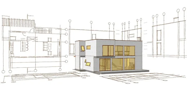 Casa Moderna Proyecto Arquitectónico Bosquejo Ilustración — Foto de Stock