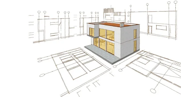 现代房屋建筑草图3D插图 — 图库照片