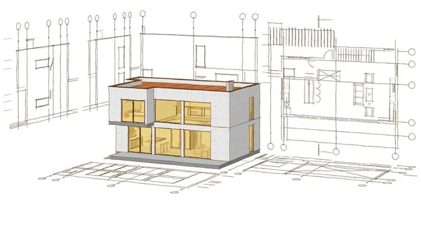 Modern House Architectural Project Sketch Illustration — Stock Photo, Image