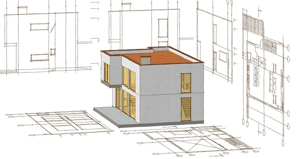 Modern House Architectural Project Sketch Illustration — Stock Photo, Image