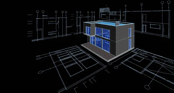 Modern Hus Arkitektoniska Projekt Skiss Illustration — Stockfoto