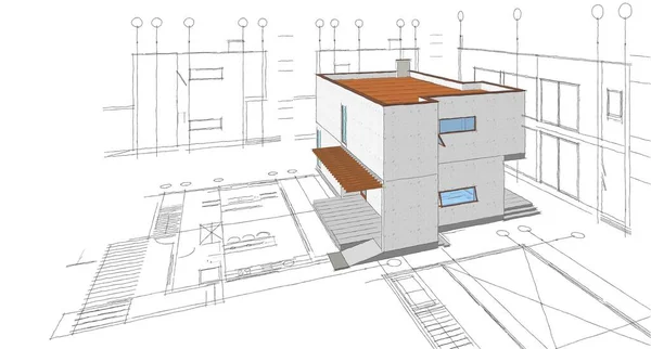 现代房屋建筑草图3D插图 — 图库照片