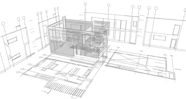 Moderní Dům Architektonický Projekt Skica Ilustrace — Stock fotografie