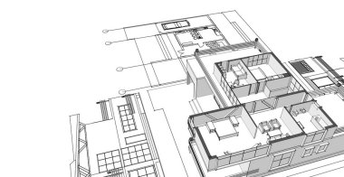 Modern ev mimari projesi çizimi 3D illüstrasyon