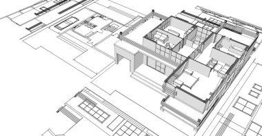 Modern ev mimari projesi çizimi 3D illüstrasyon