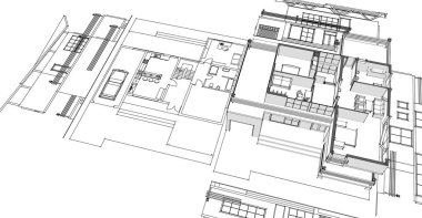 Modern ev mimari projesi çizimi 3D illüstrasyon
