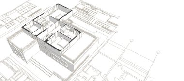 Modern ev mimari projesi çizimi 3D illüstrasyon