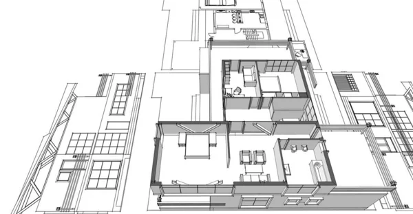 Moderní Dům Architektonický Projekt Skica Ilustrace — Stock fotografie