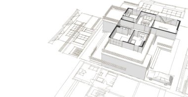 Modern ev mimari projesi çizimi 3D illüstrasyon