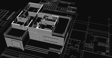 Modern ev mimari projesi çizimi 3D illüstrasyon