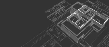 Modern ev mimari projesi çizimi 3D illüstrasyon