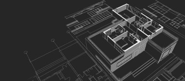 Modern ev mimari projesi çizimi 3D illüstrasyon