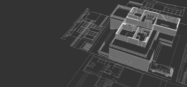 Modern ev mimari projesi çizimi 3D illüstrasyon