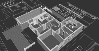 Modern ev mimari projesi çizimi 3D illüstrasyon