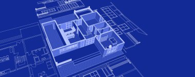 Modern ev mimari projesi çizimi 3D illüstrasyon