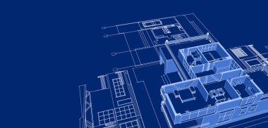 Modern ev mimari projesi çizimi 3D illüstrasyon