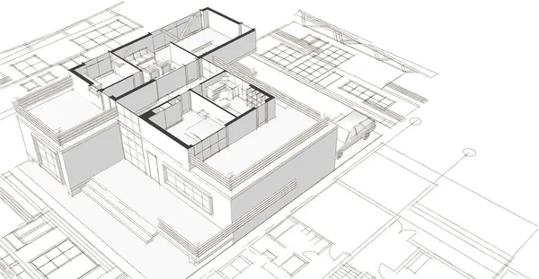 Casa Moderna Projeto Arquitetônico Esboço Ilustração — Fotografia de Stock