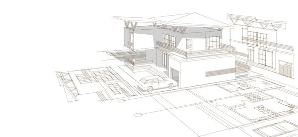 现代房屋建筑草图3D插图 — 图库照片