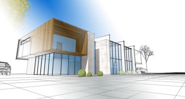 Modern ev mimarisi çizimi 3D illüstrasyon