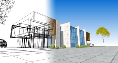 Modern ev mimarisi çizimi 3D illüstrasyon