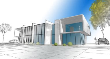 Modern ev mimarisi çizimi 3D illüstrasyon