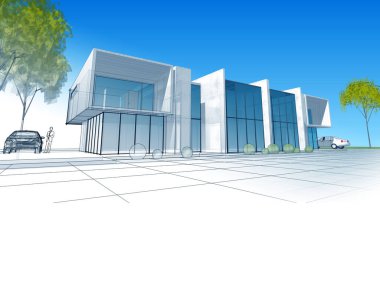 Modern ev mimarisi çizimi 3D illüstrasyon