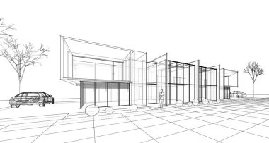 Modern ev mimarisi çizimi 3D illüstrasyon